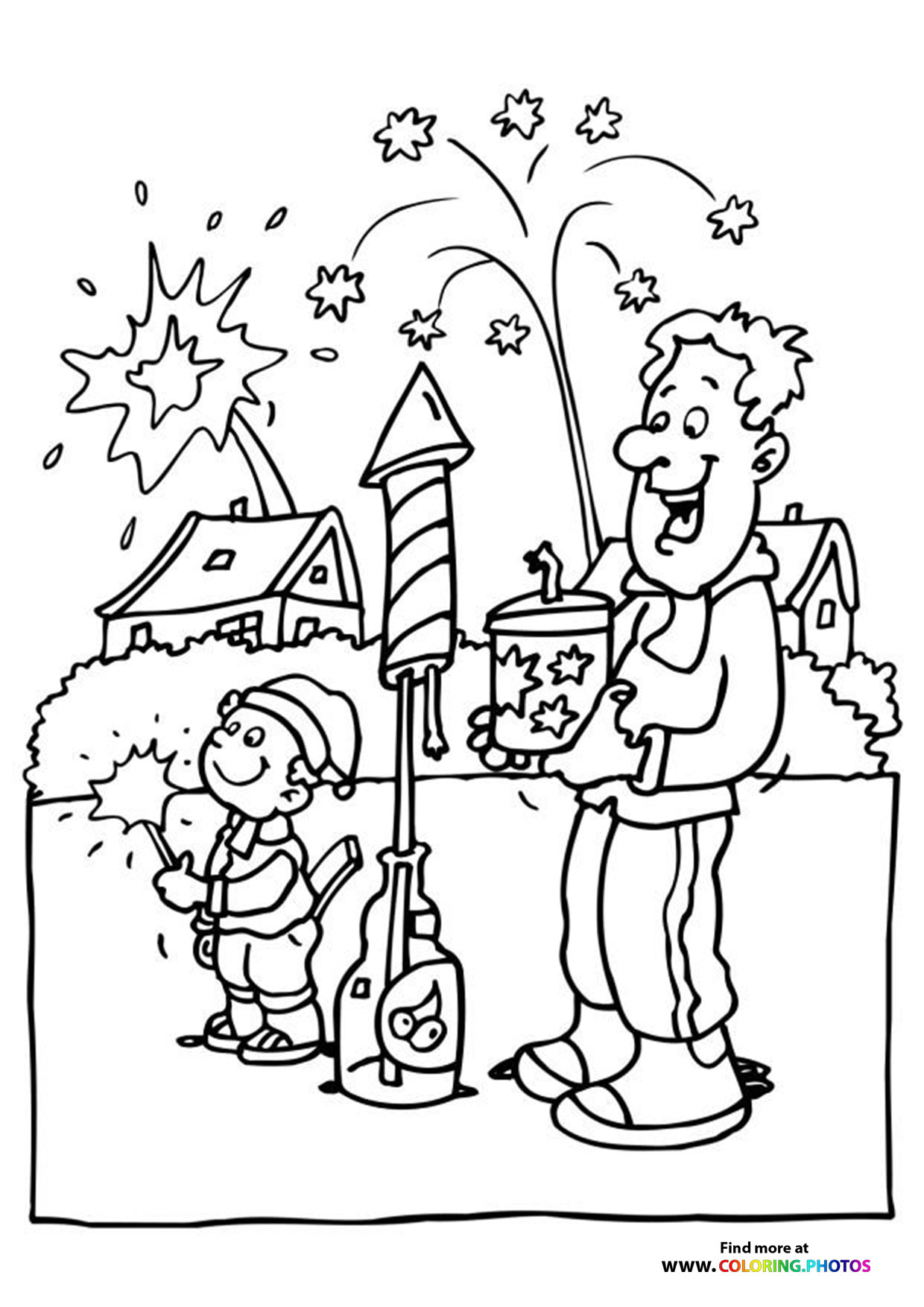 New years family fireworks coloring page