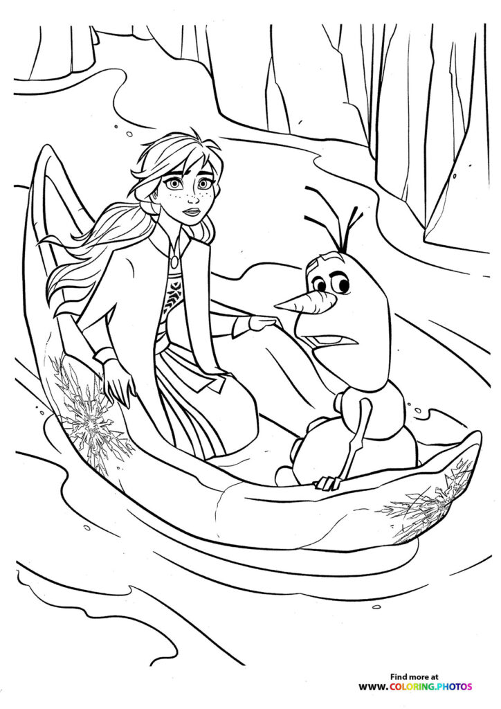 Olaf and Anna in a boat coloring page