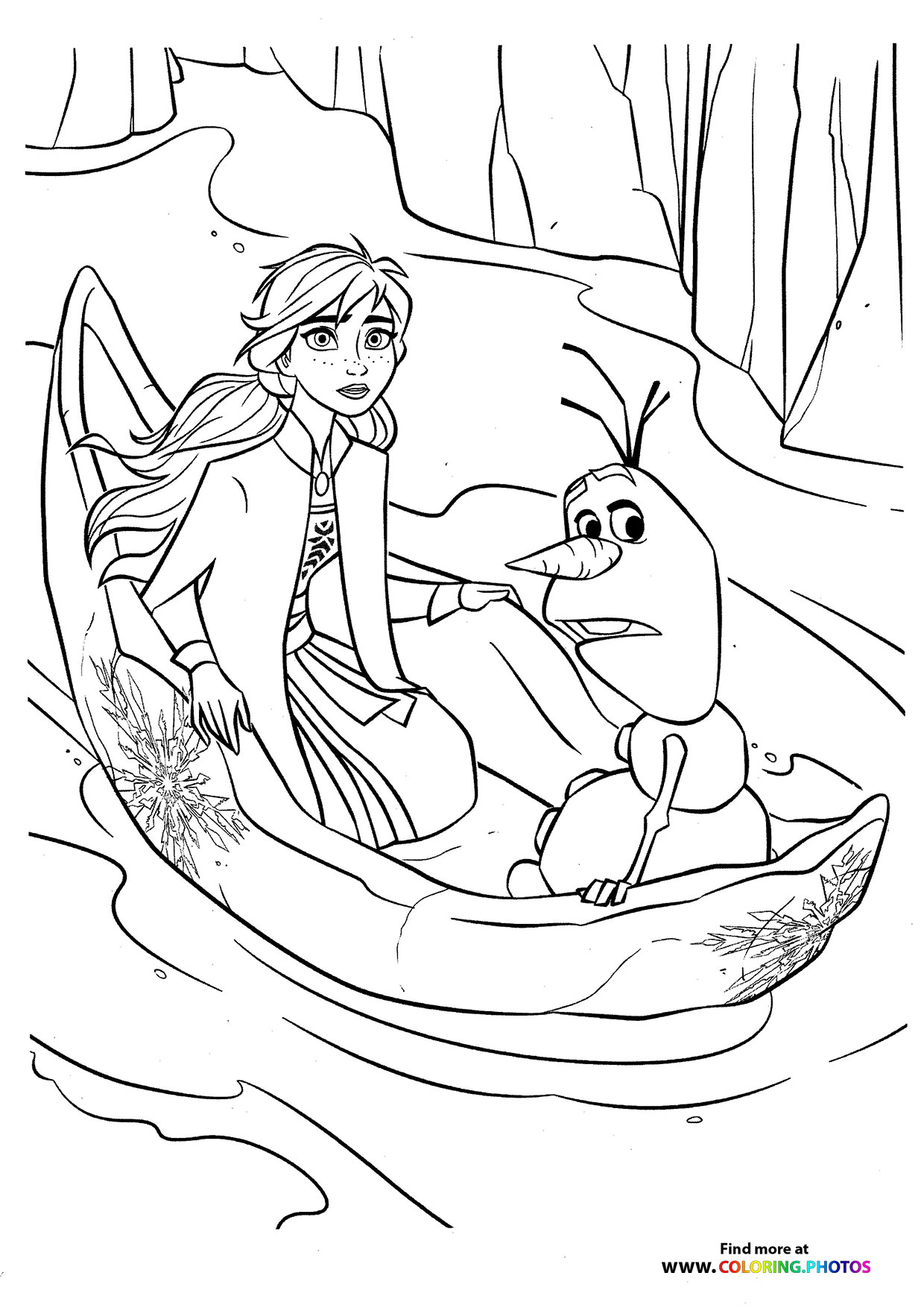 Olaf and Anna in a boat coloring page