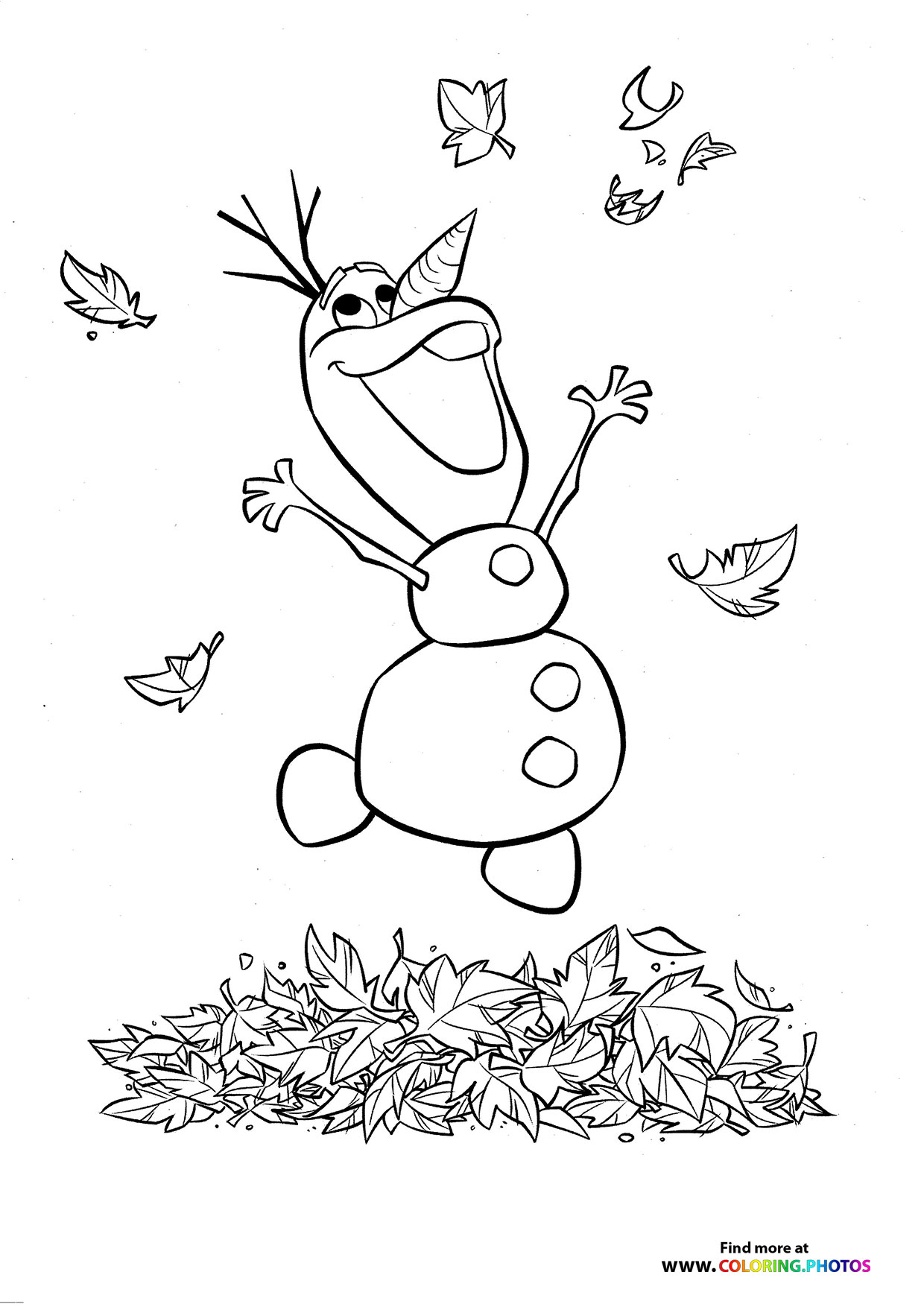 Olaf playing with leaves coloring page