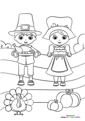 Pilgrim Boy and Girl with Thanksgiving Feast