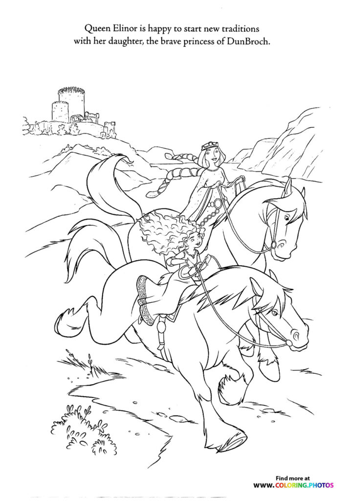 Queen and Merida riding horses coloring page