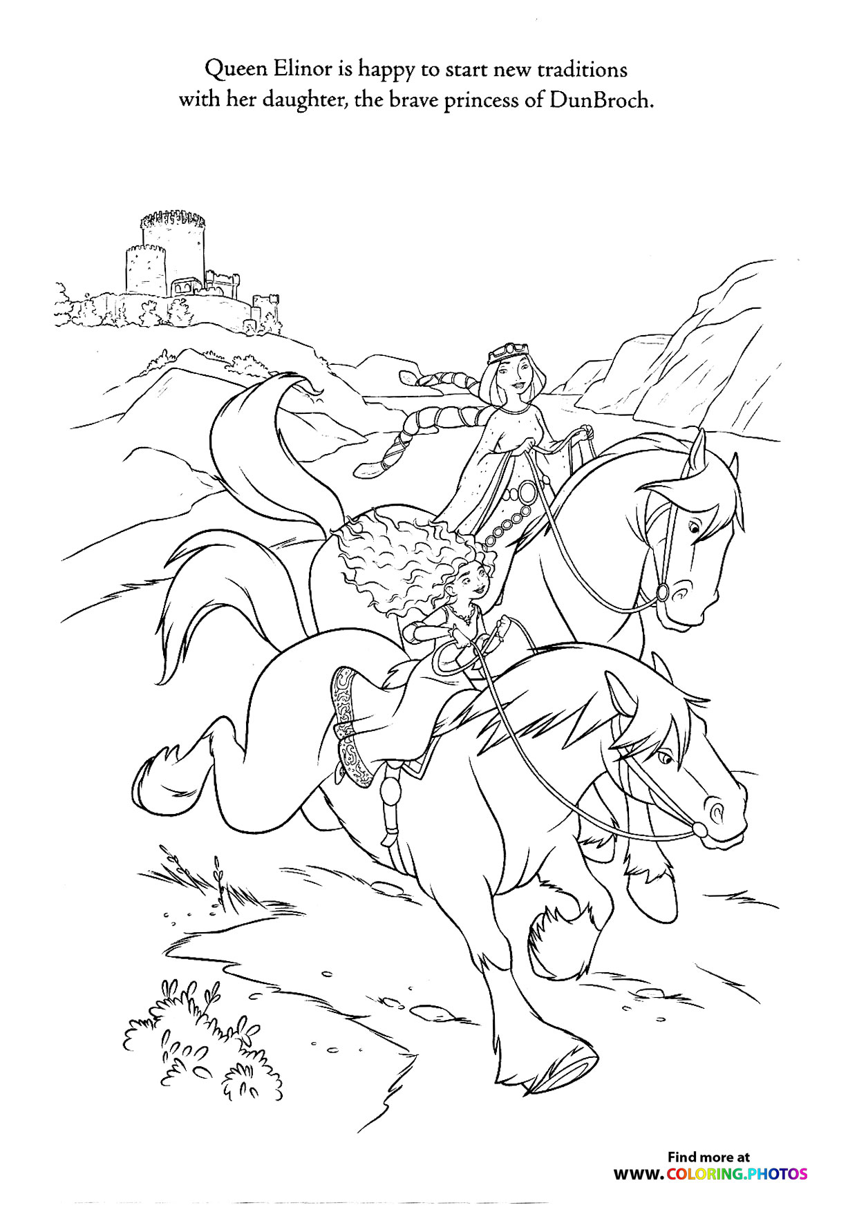 Queen and Merida riding horses coloring page
