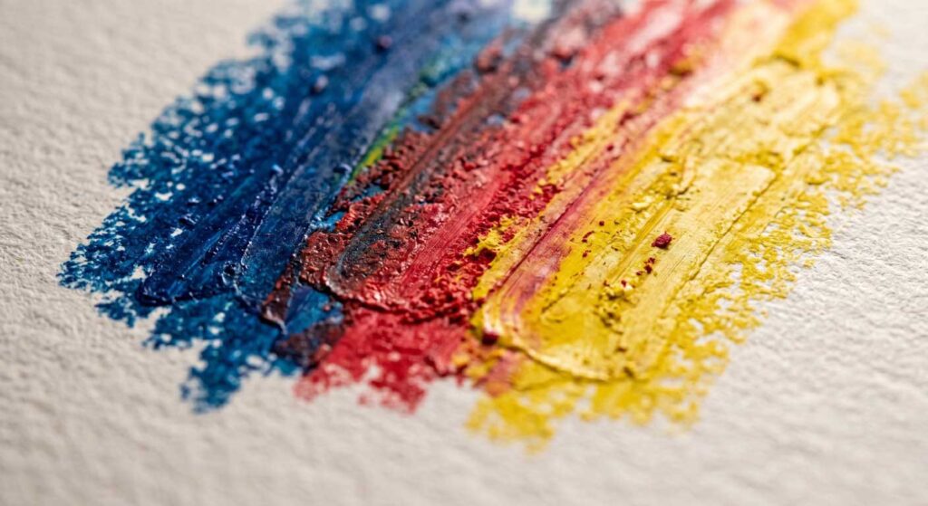 A high-definition macro photograph capturing the rich, dense texture and waxy sheen of vibrant wax crayon application (blue, red, yellow) heavily layered on thick, textured premium cardstock paper.