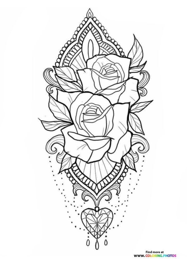Roses and hart coloring for adults