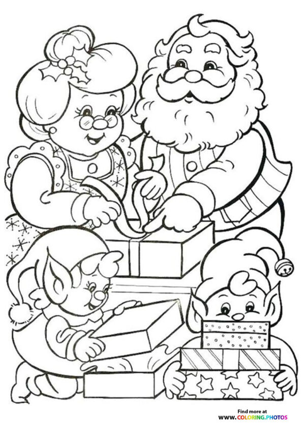 Santas family and elves coloring page