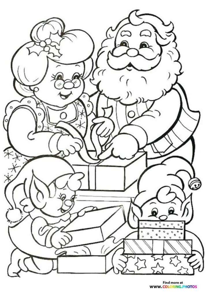 Santas family and elves coloring page