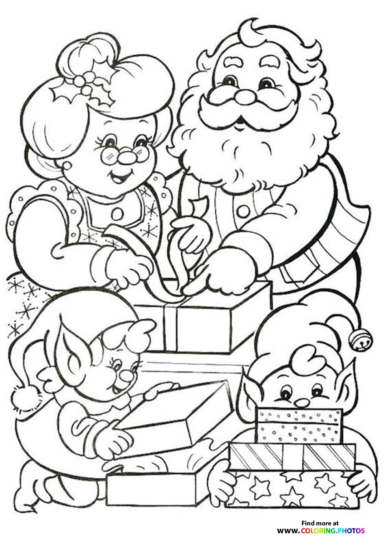 Santas family and elves coloring page