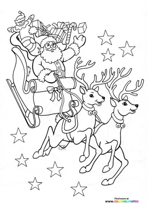 Santa and raindeers coloring page