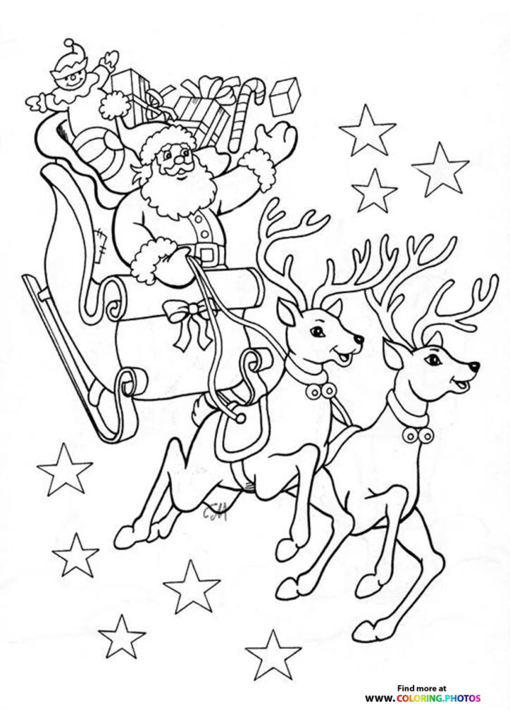 Santa and raindeers coloring page