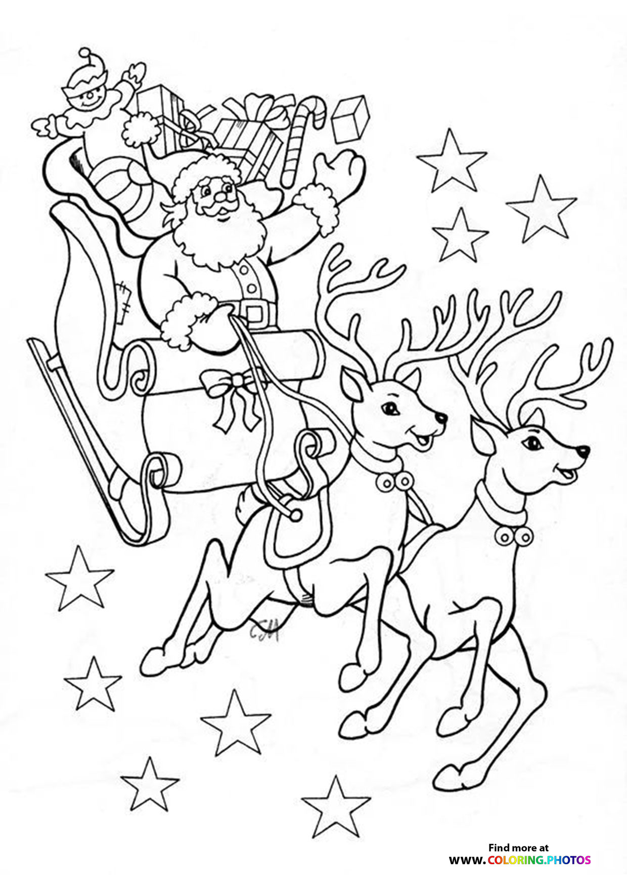 Santa and raindeers coloring page