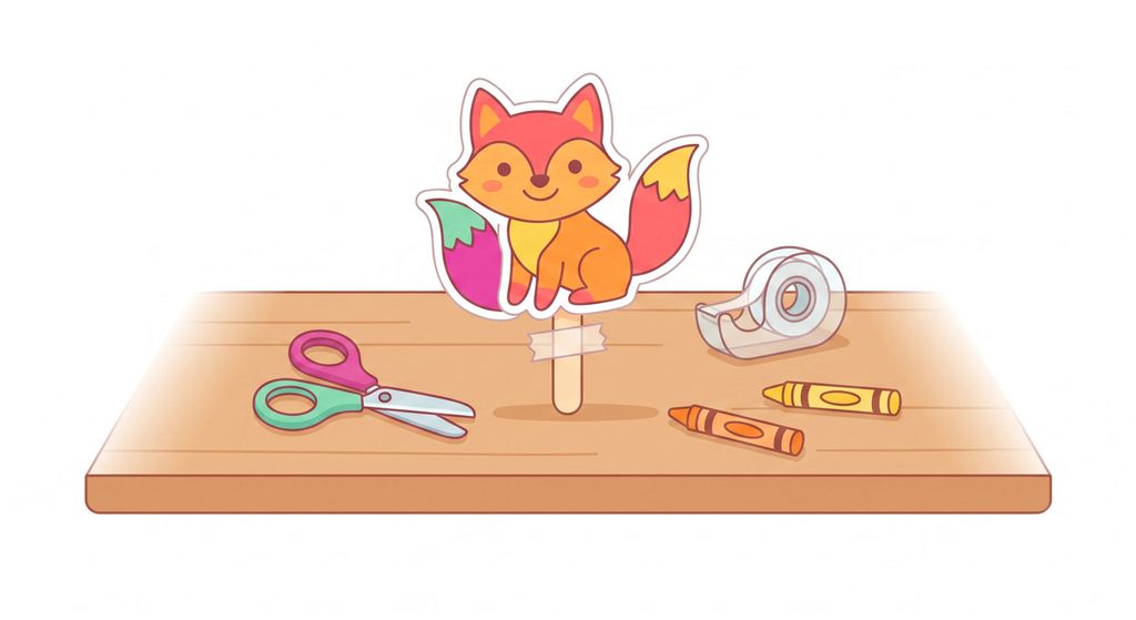 A colored paper animal cut out and taped to a stick to make a simple puppet
