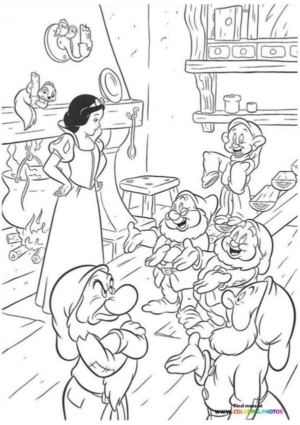 Snow White with Dwarfs cooking coloring page