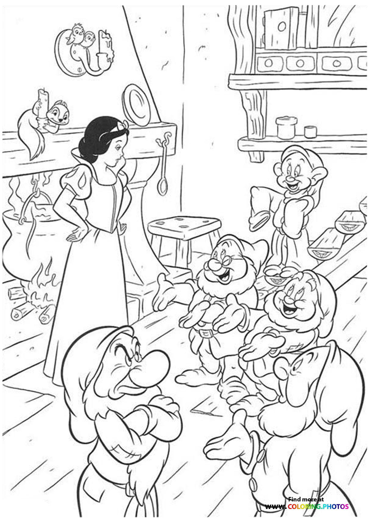 Snow White with Dwarfs cooking coloring page
