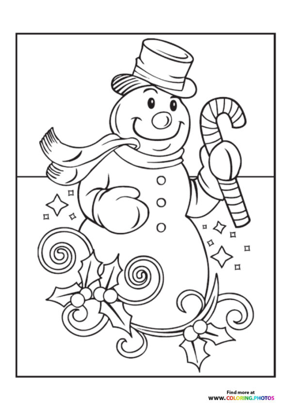 Snowman with a candy cane coloring page