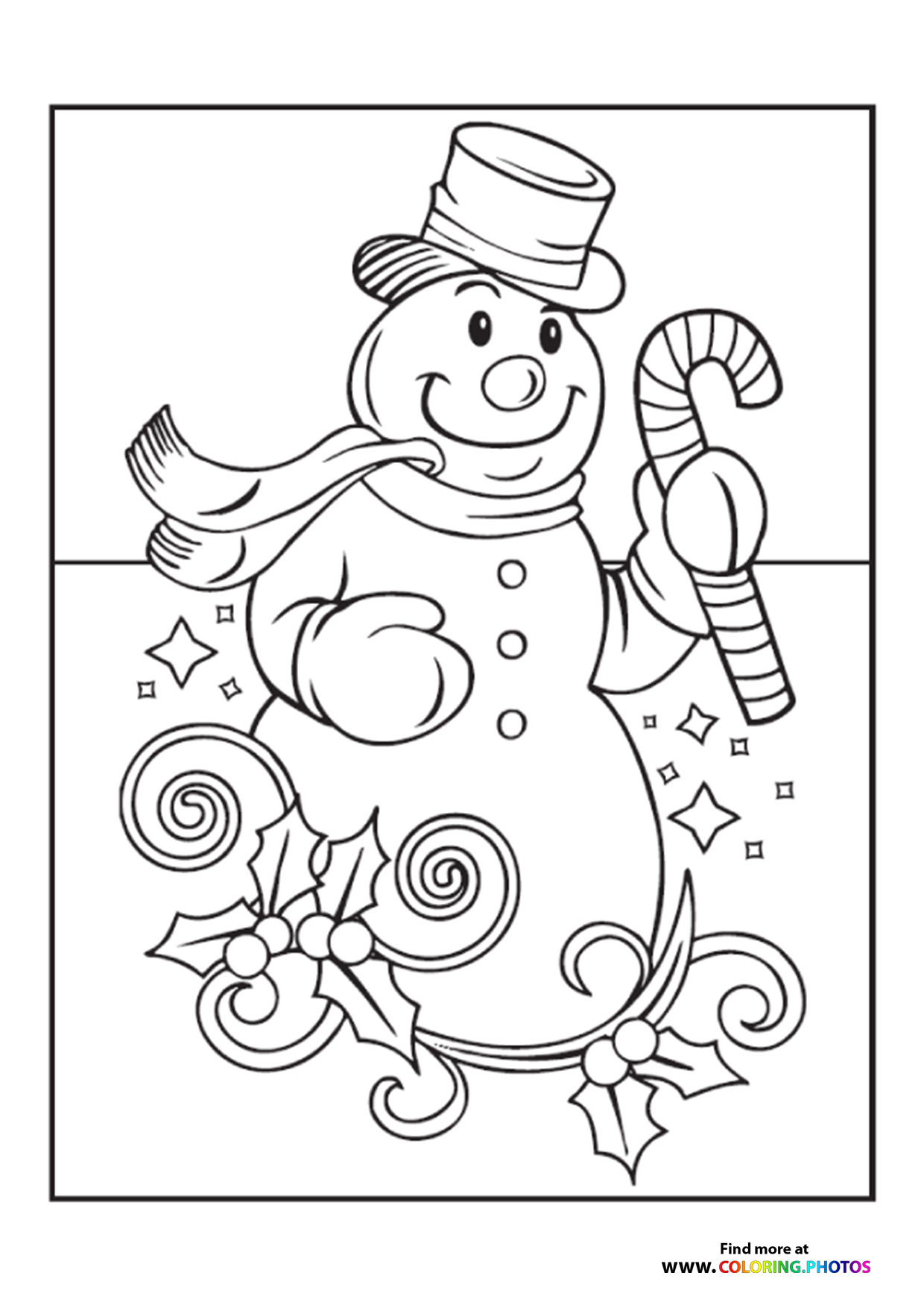 Snowman with a candy cane coloring page