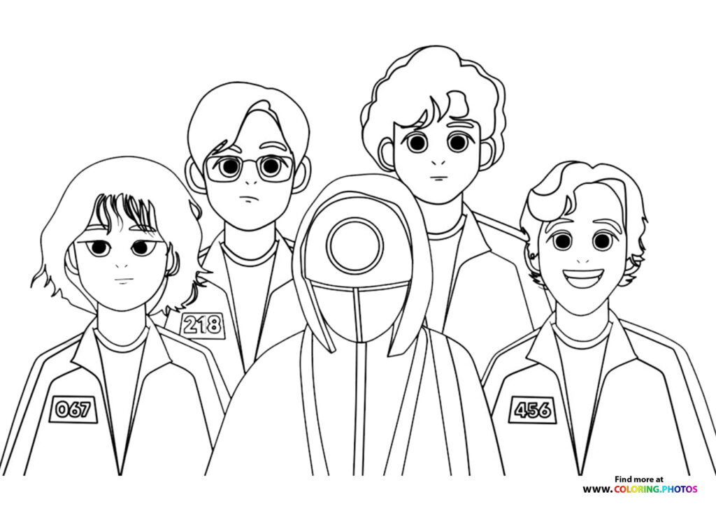 Squid game players with guard coloring page