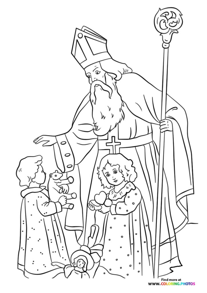 Saint Nicholas with kids coloring page