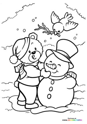 Teddy bear building a snowman