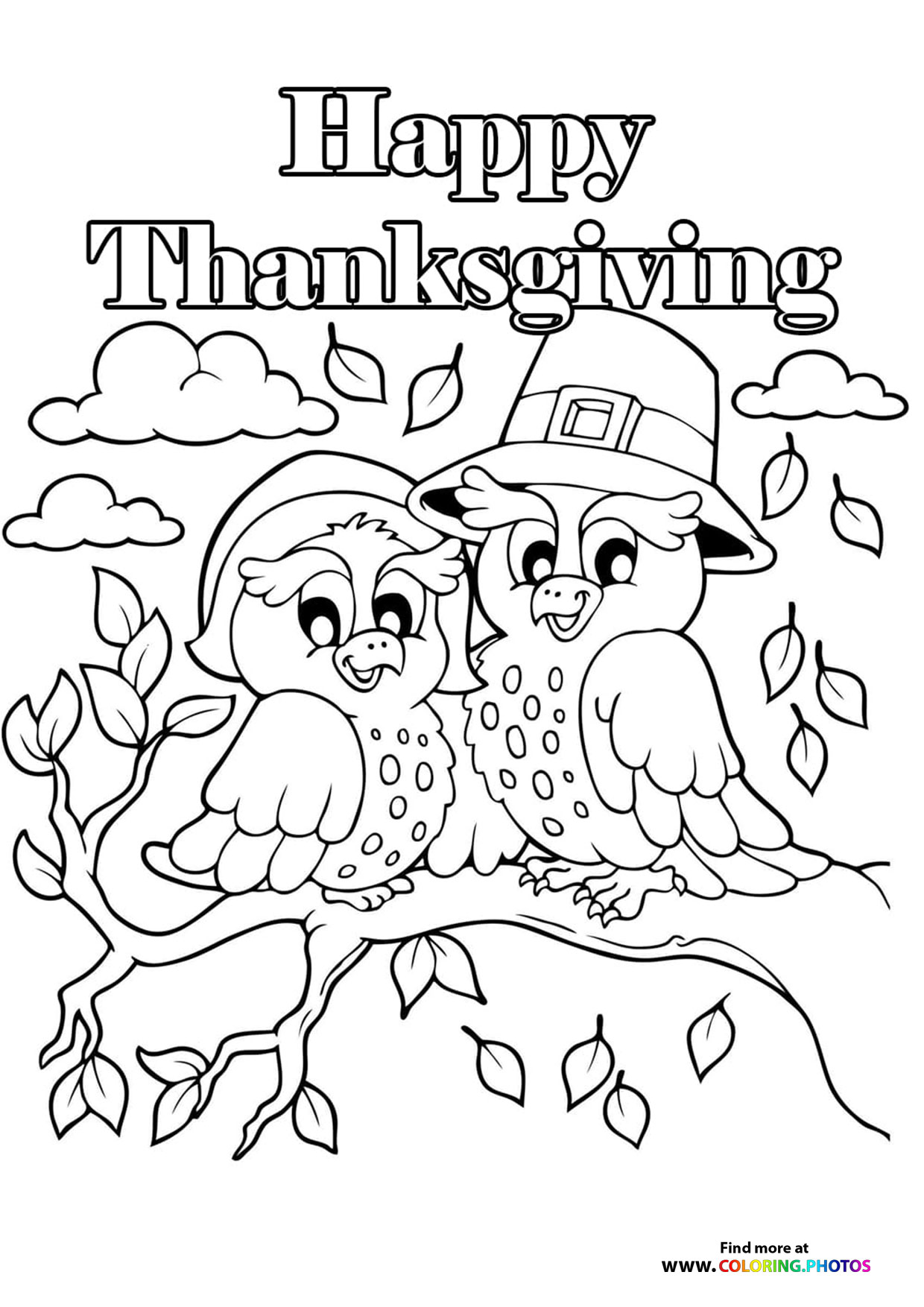 Thanksgiving pilgrim birds coloring page