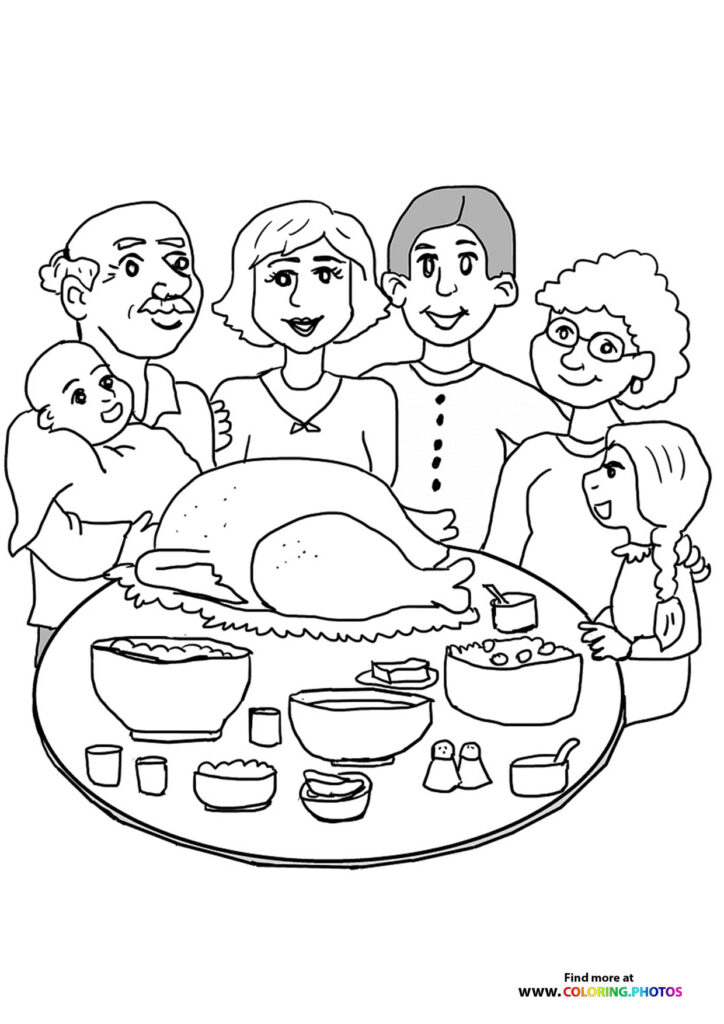 Thanksgiving family dinner coloring page