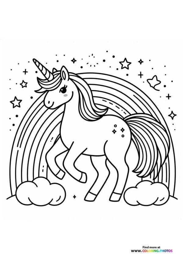 Unicorn riding in front of rainbow