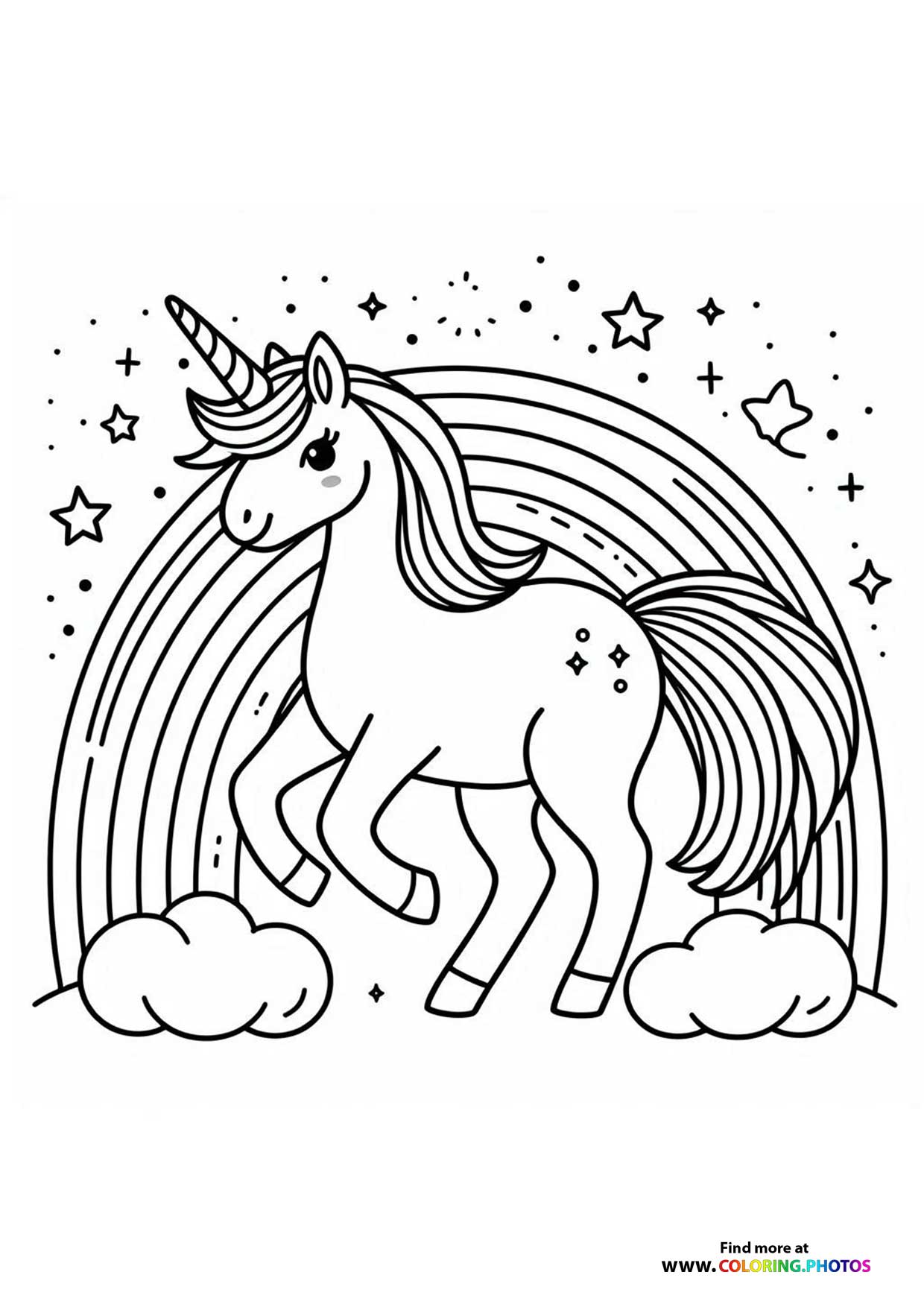 Unicorn riding in front of rainbow