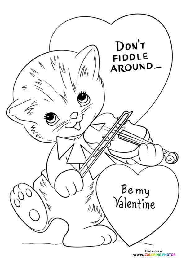Valentines cat playing violin coloring page