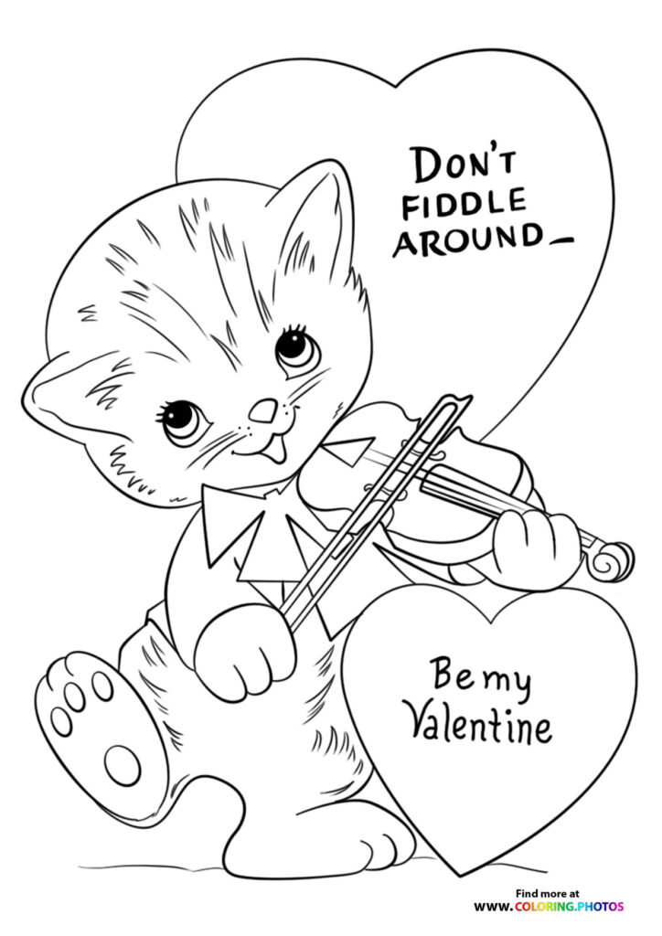 Valentines cat playing violin coloring page