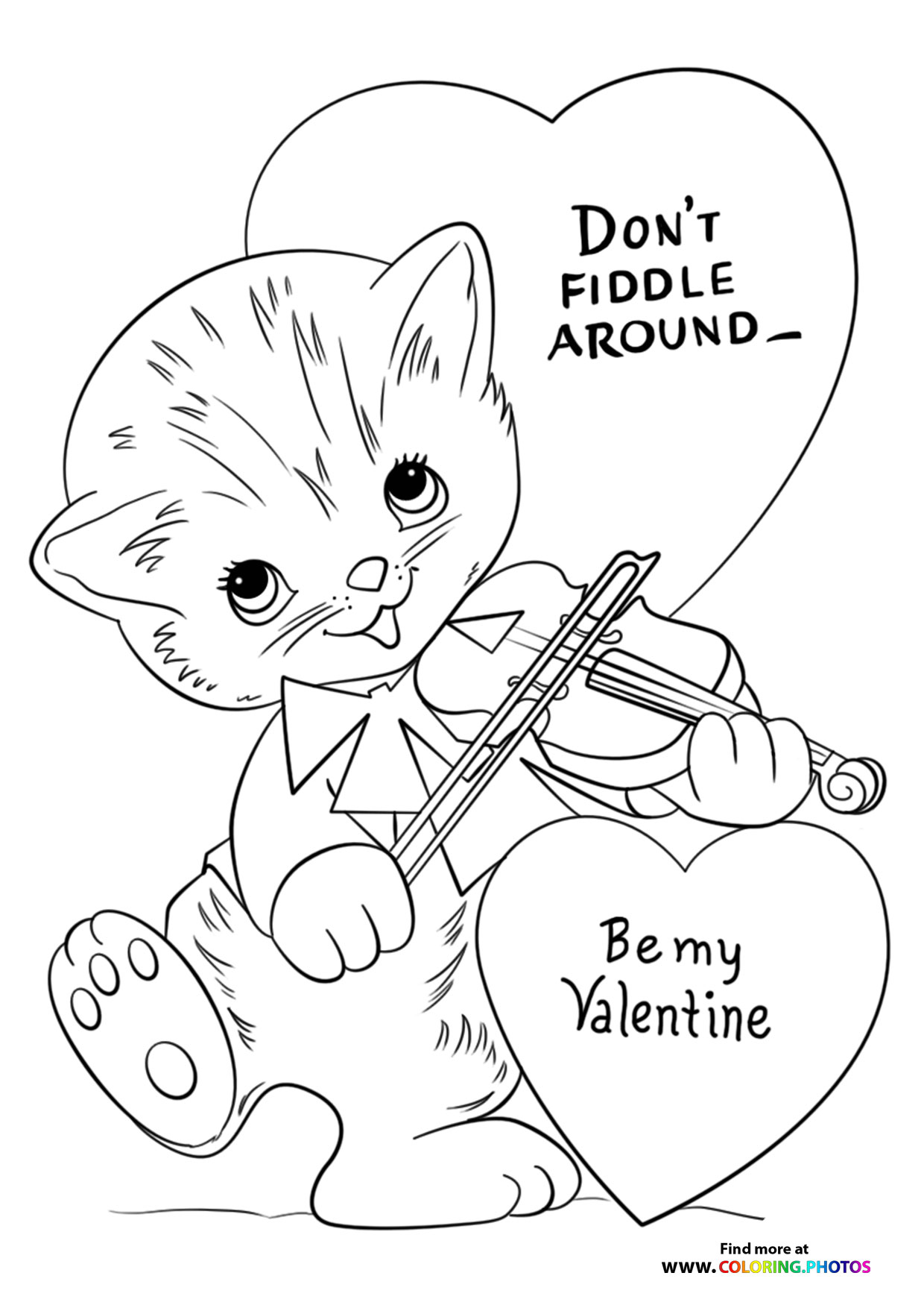 Valentines cat playing violin coloring page