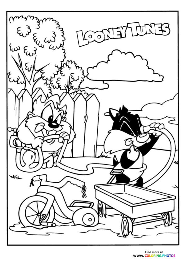 Taz and Sylvester playing coloring page
