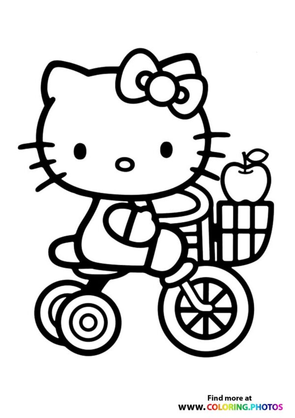 Hello Kitty on bike coloring page