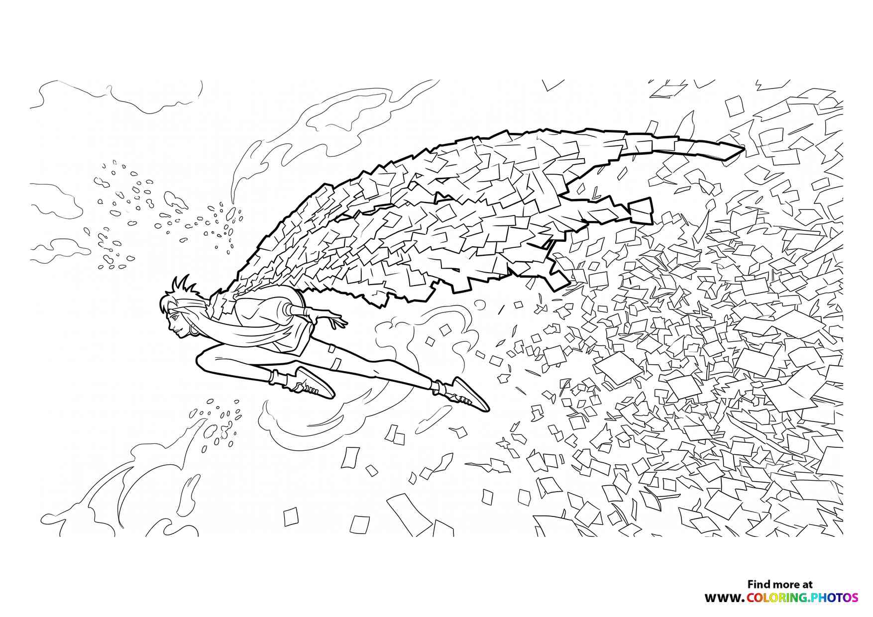 Character Flying Through Crumbling Debris