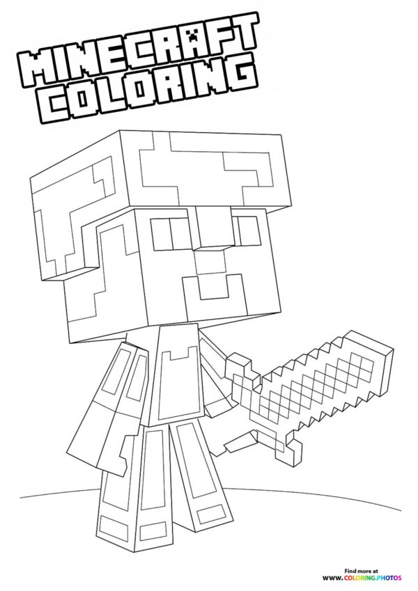 Minecraft mini character with a sword coloring page