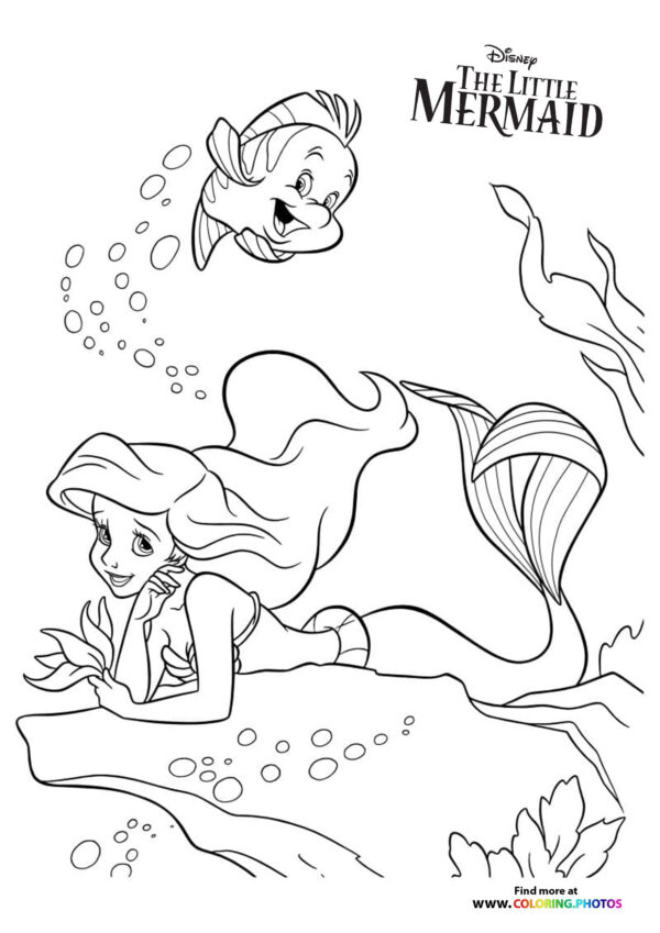 Ariel and Flounder swimming coloring page