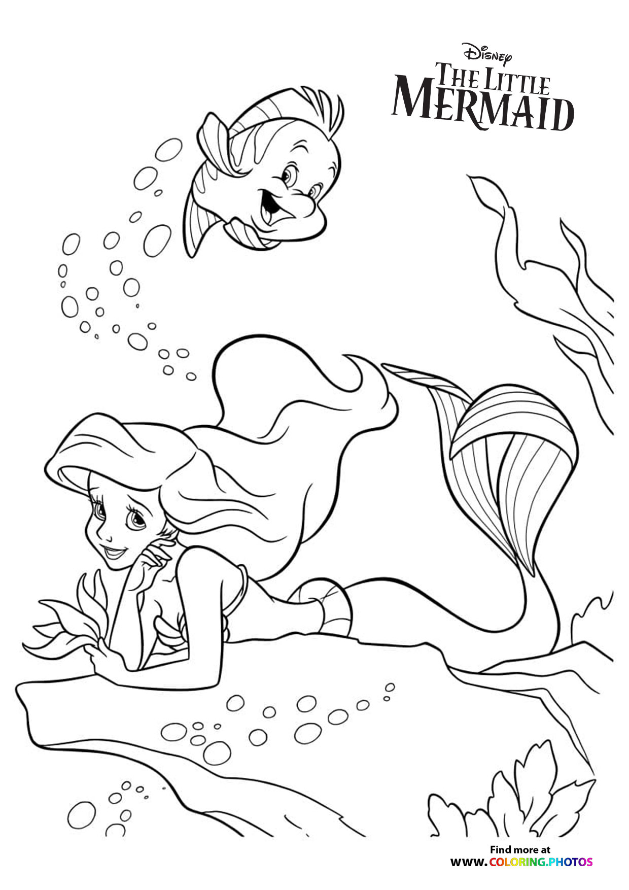 Ariel and Flounder swimming coloring page