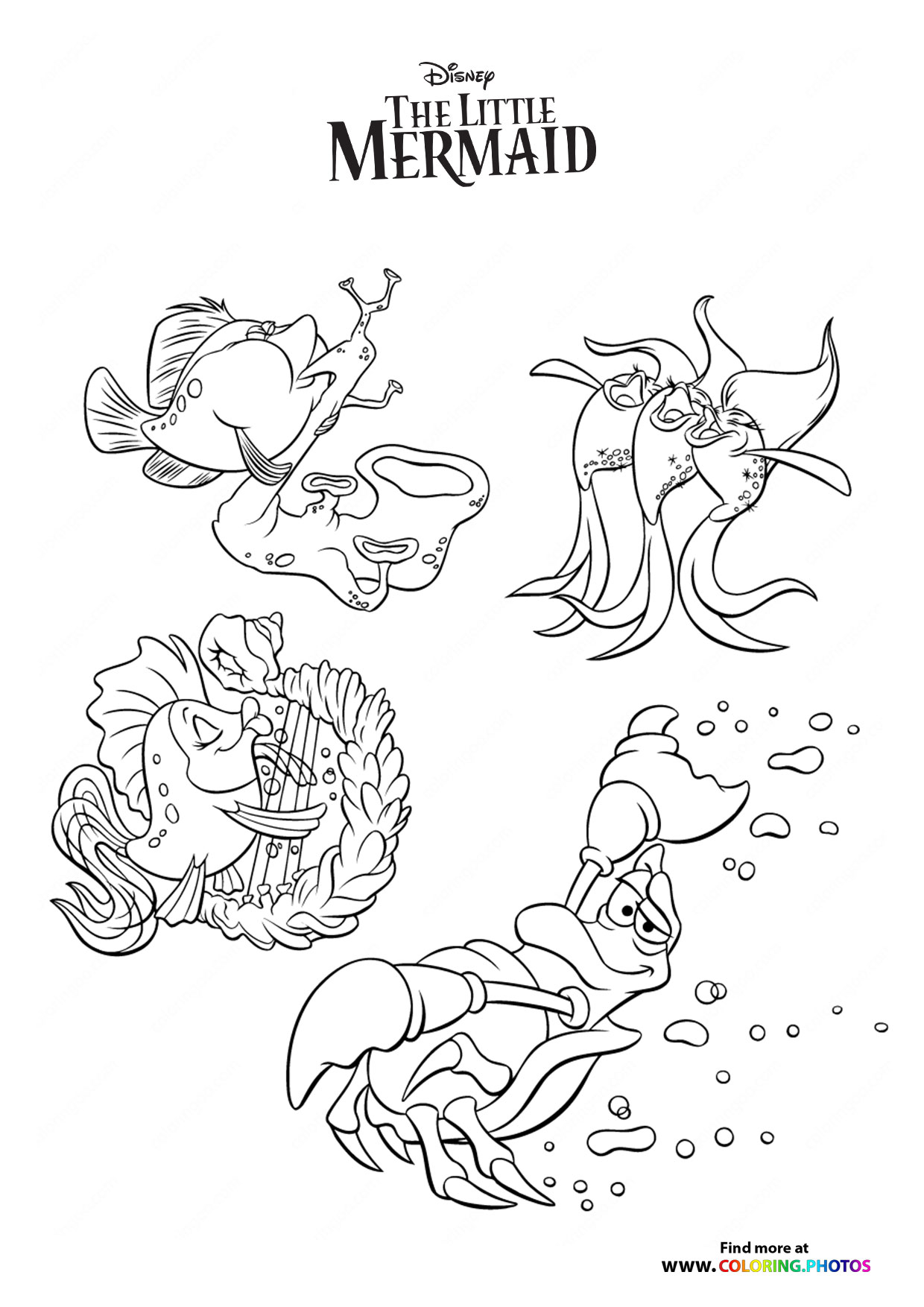 Sebastian and fish from The Little Mermaid coloring page