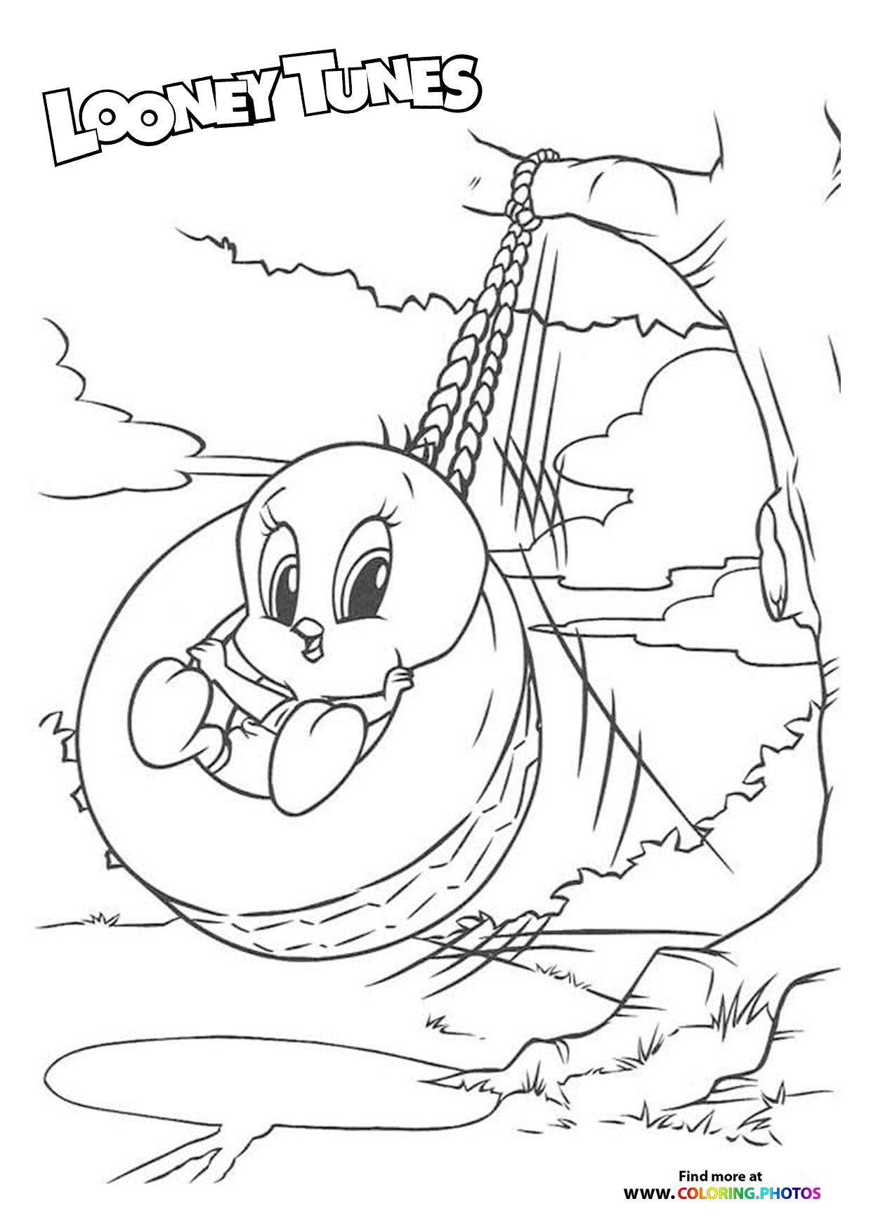 Tweety swinging in a tire coloring page